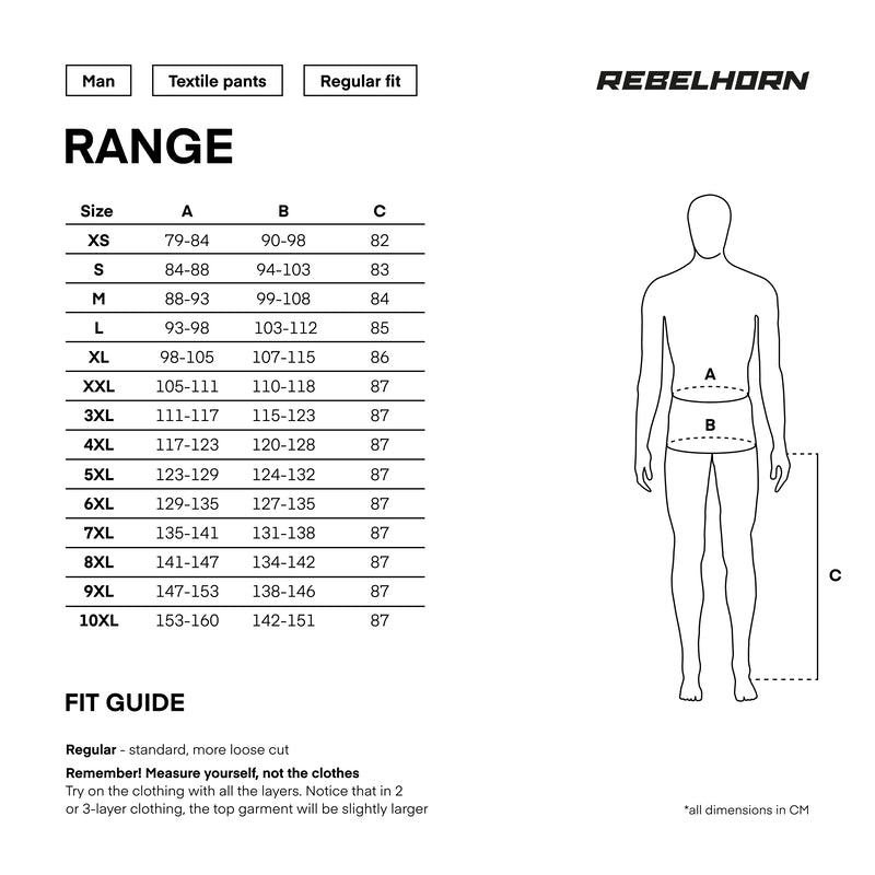 Storleksguide för Rebelhorn Textil Mc-Byxor Range Svart med mått i centimeter för att säkerställa korrekt passform.