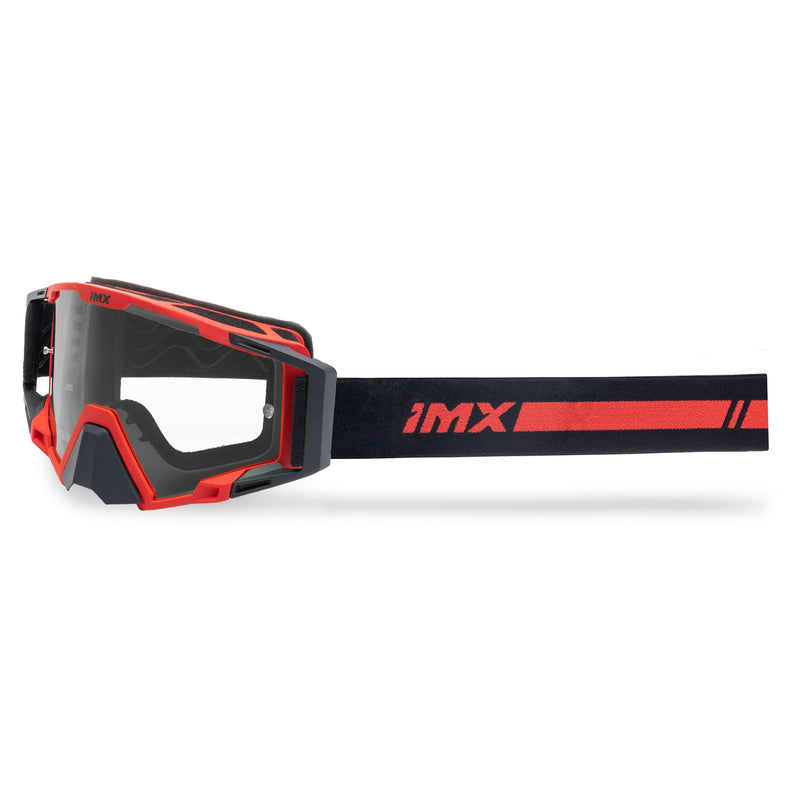 IMX Goggles Sand Red Matt /Black med klarglas och röd ram, idealiska för säkerhet och komfort vid motorcykelkörning.