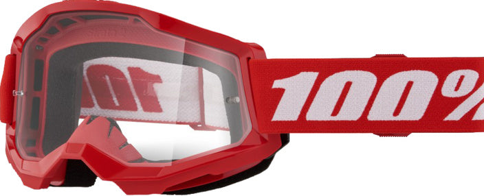 100% Goggles Strata 2 Röd med klar lins, designad för motocross och offroad, med justerbart rött band och bekväm passform.