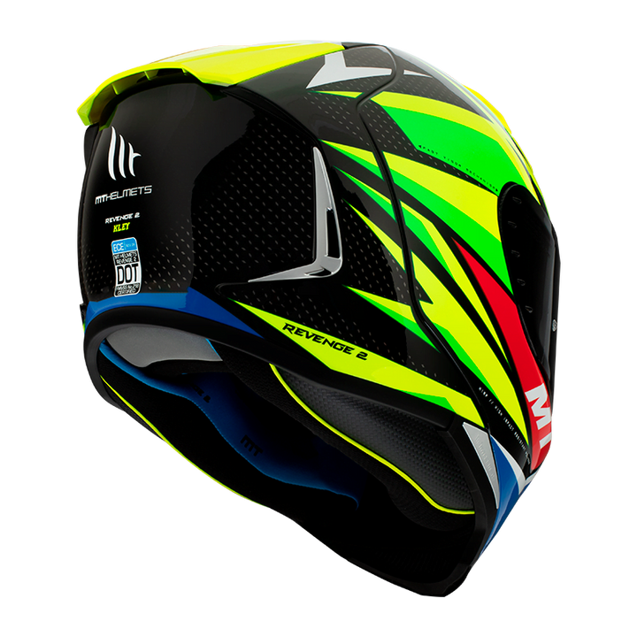 Baksidan av MT Helmets Integral Mc-Hjälm Revenge 2 Kley Flu med färgglada detaljer och DOT-certifiering, storlek XS till XXL.