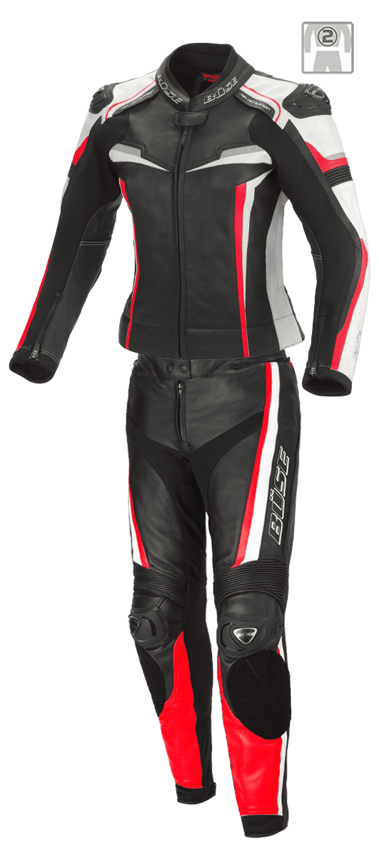 Buse Dam Skinnställ 2-delat Mille i svart och rött med vita detaljer. Utrustad med SAS-TEC skydd och elastiska insatser för optimal säkerhet och komfort.