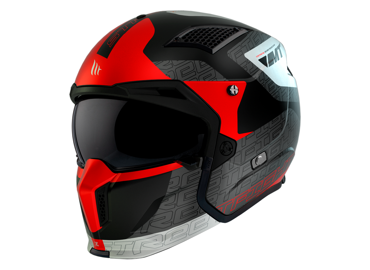 MT Helmets öppen MC-hjälm Streetfighter SV S Totem B15 i svart och rött med modern design, integrerat visir och ventilationssystem.