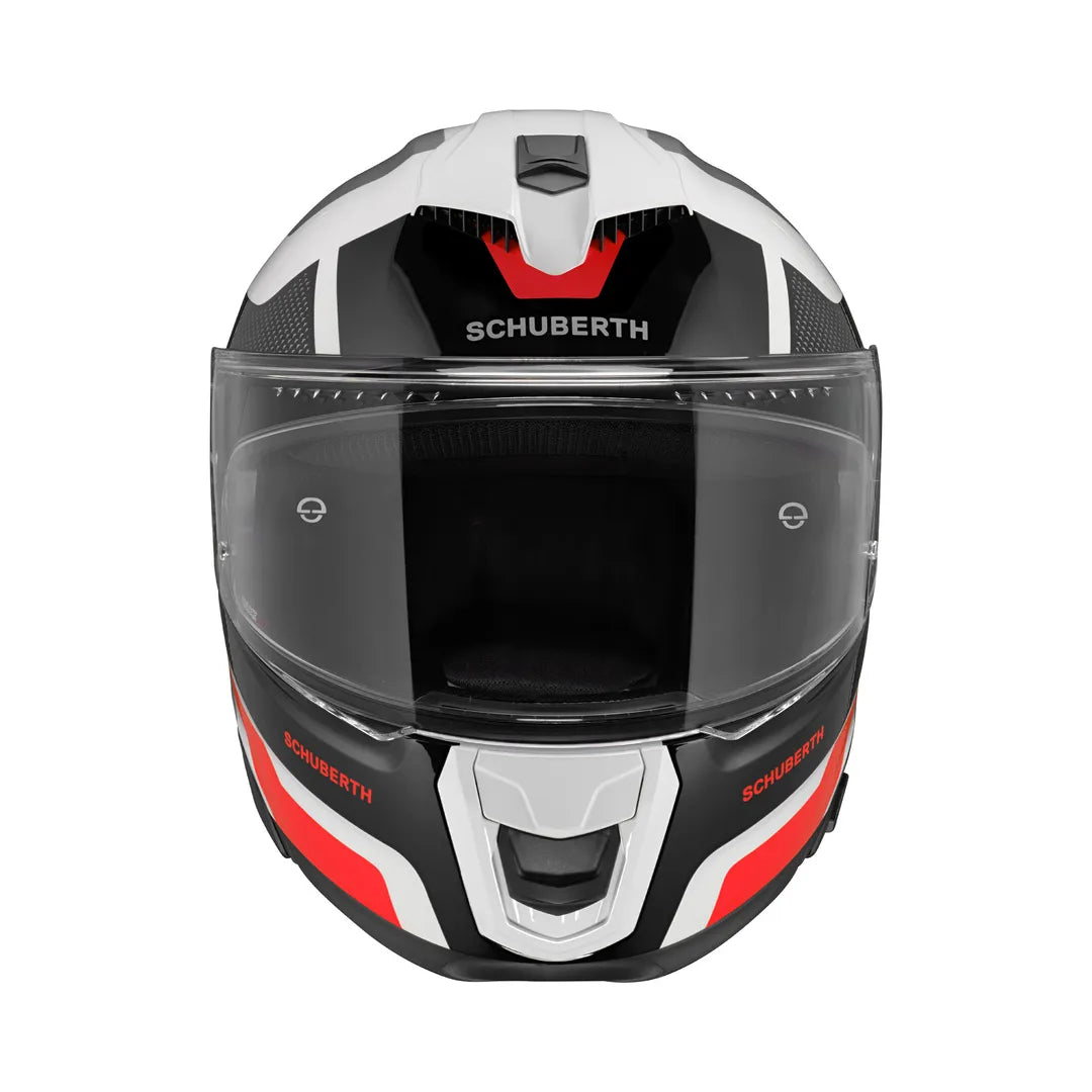 Framifrån av Schuberth Integralhjälm S3 Daytona Vit/Röd med tydligt visir och modern design för säker motorcykelkörning.